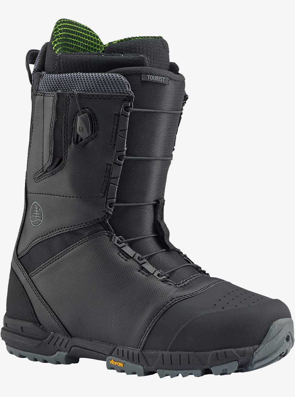 Black snowboard boots with Vibram sole and green mesh lining.