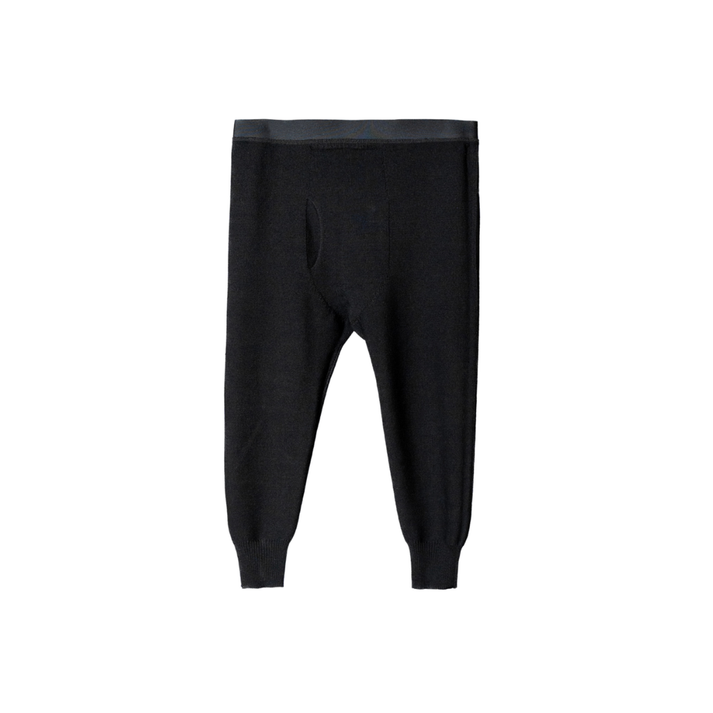 Black knit harem-style pants with a wide waistband and ribbed ankle cuffs, shown flat against a white background. Skyline Baseline 3/4 Bottom