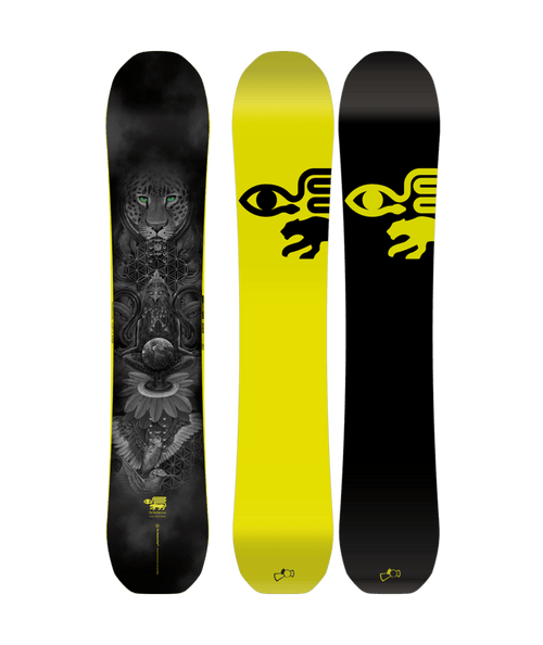 Three snowboard decks featuring a leopard graphic, yellow, and solid black designs.